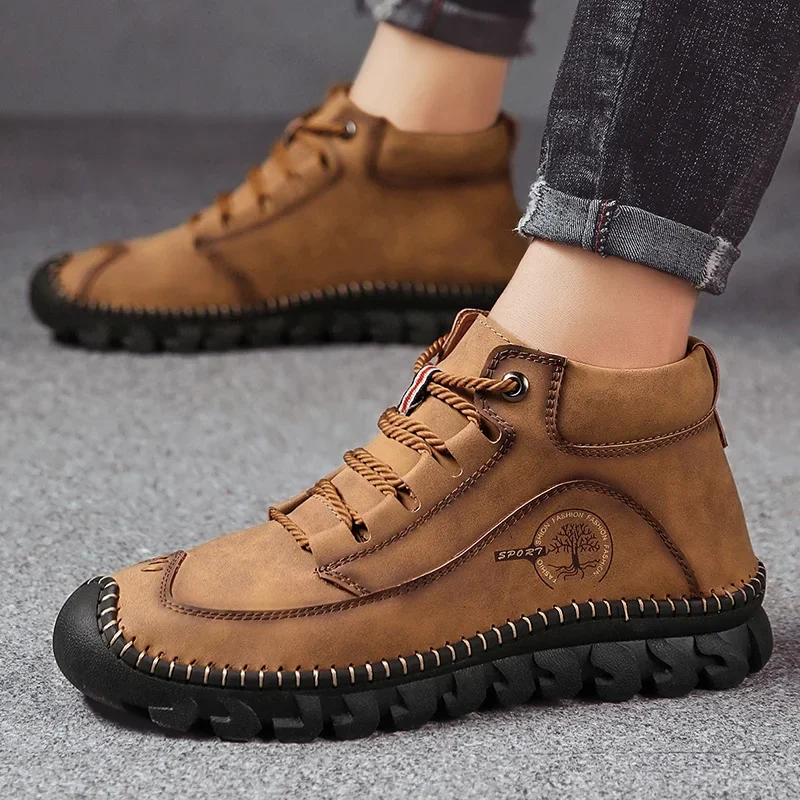 Outdoor Men Casual Men's Ankle Boots British Men Shoes Leather Motorcycle Boots Outdoor Trainers Riding Black