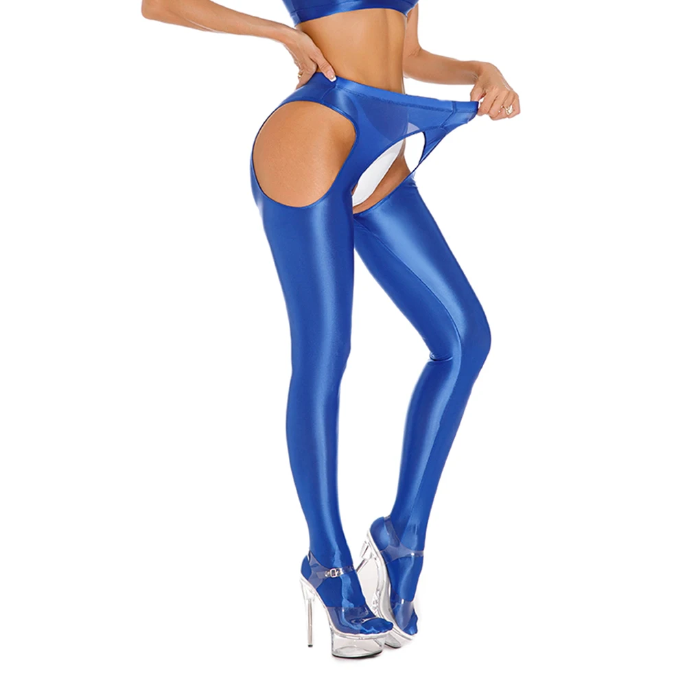 Women Sexy Leggings Hollow Glossy Shiny Sheer Stretchy Open Crotch Skinny Dance Yoga Pants Open-End Temptation Uniform Women Leggings