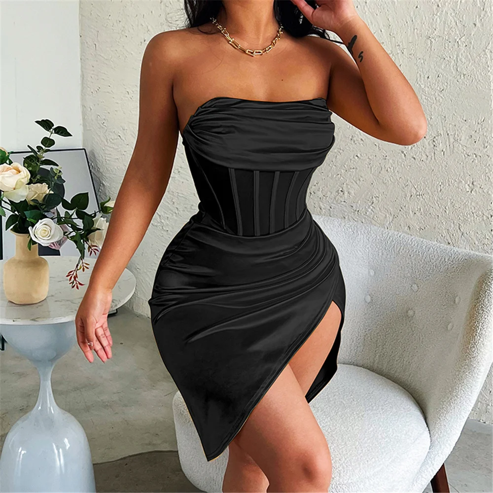 3 Color Elegant Women Strapless Evening Party Dress Vintage Sexy Basque Waist Sleeveless Off-Shoulder Irregular Hem Midi Dress