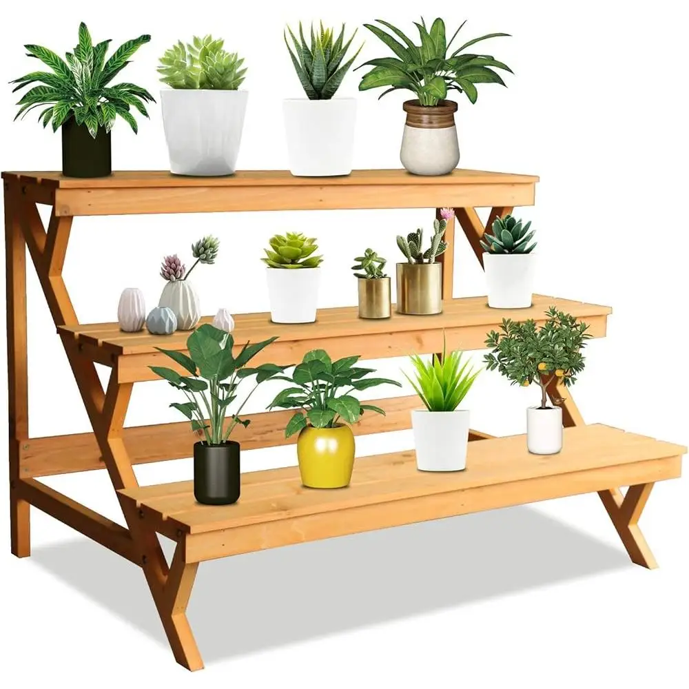 3 Tier Wooden Plant Stand Multi Tiered Ladder Shelf Indoor Outdoor Display Storage Organizer Potted Plants and Flowers 2