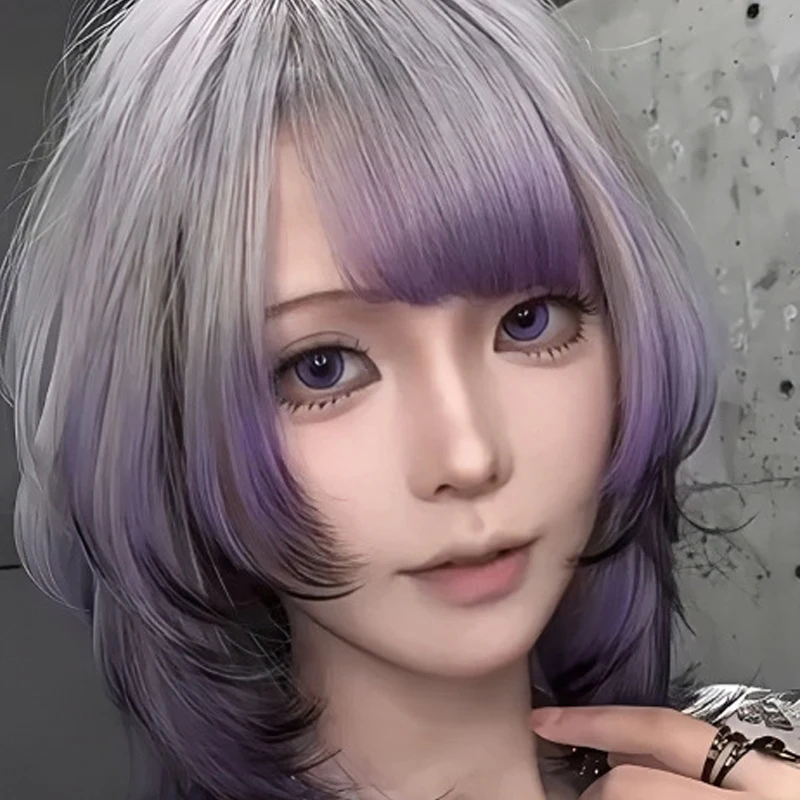 20inch Purple Wig Women Wigs Hair Extensions Purple Gradient Layered Wolf Cut Wig with Hair Bangs for Women Christmas Party Use