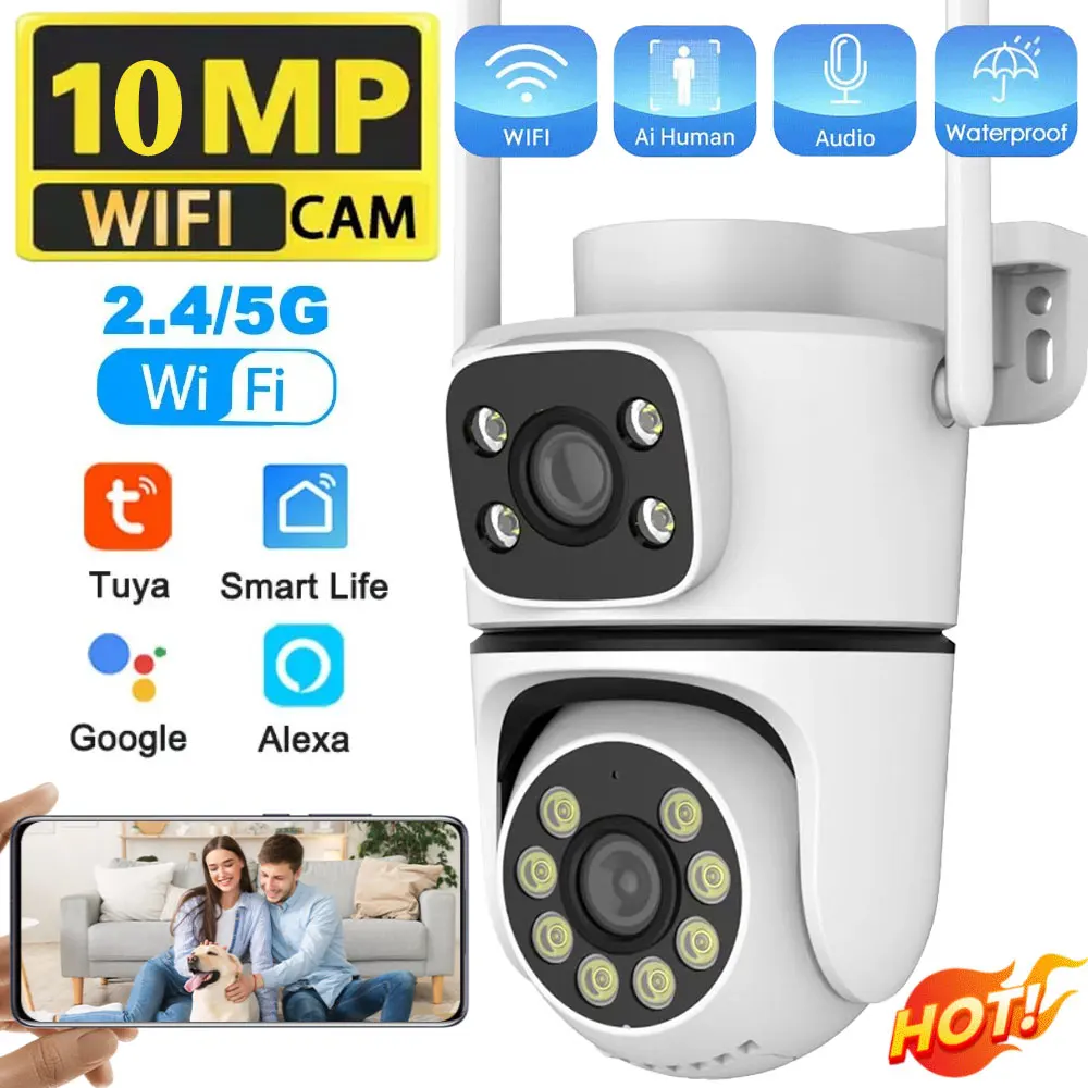 Tuya 5G Wifi Outdoor Camera 10MP HD Dual Lens Dual Screen PTZ Camera Home Security Protection Auto Tracking Video Surveillance