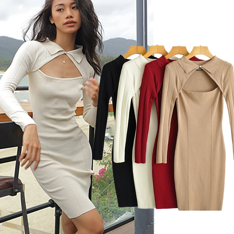 

Jenny&Dave France Styl Knitted Sheath High Street Retro Turn Down Collar Hollow Out Sexy Party Casual Mini Dress Women