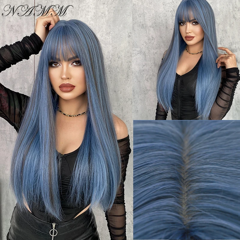 NAMM Fashion Women Synthetic Wigs with Bangs Mermaid Blue Color Long Straight Wigs Cosplay Fake Hair Natural Heat Resistant Wigs
