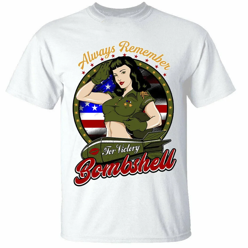 

World War II American Pin-up Always Remember American Bombshell T-shirt Round Neck Summer Short Sleeve Casual Men's T-shirt