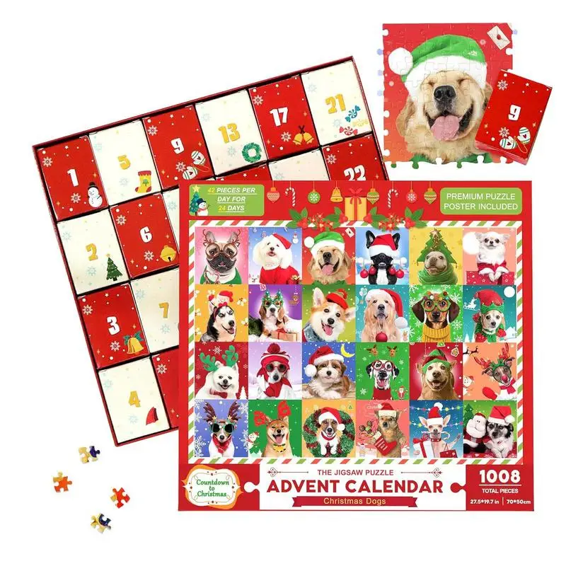 

24 days Christmas Puzzle Advent Calendar Portable Cute Countdown Calendar Dog Advent Puzzle Christmas Gifts for Adults and Kids