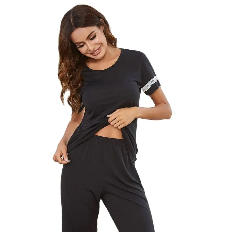 

Женская кружевная Пижама, одежда для сна в спальню, женские пижамные костюмы с коротким рукавом, пятиконечные брюки, домашняя одежда, повседневные Костюмы