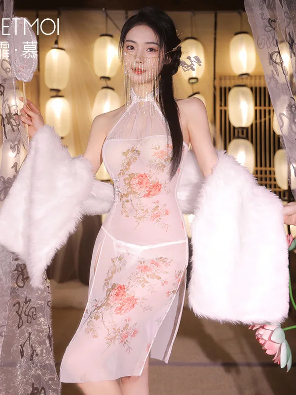 

Colorful Slit Qipao Lingerie Pajamas Sexy Pure Desire Clothes Dress Elegant Pan Buckle Standing Collar Mesh Yarn Pink Slim Q1RB