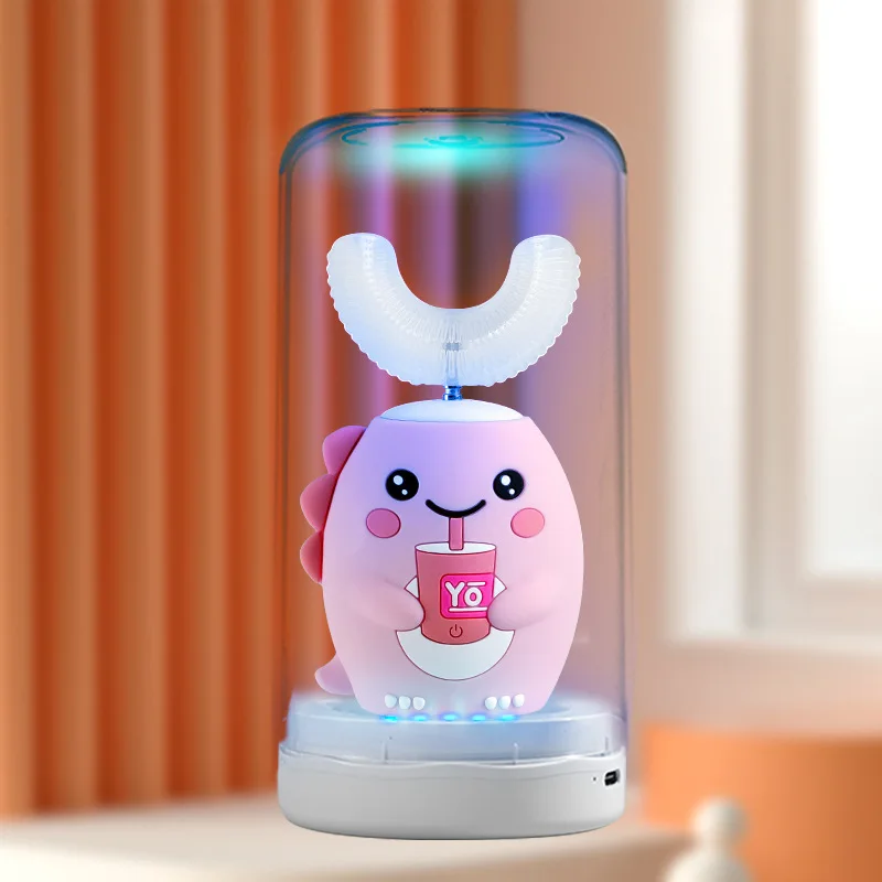 thumbnail image 1 of Cepillo de dientes eléctrico sónico para niños de 360 grados, recargable en forma de U, cepillo de dientes inteligente para niños, luz azul, IPX7, taza de desinfección UV, 1 of 5