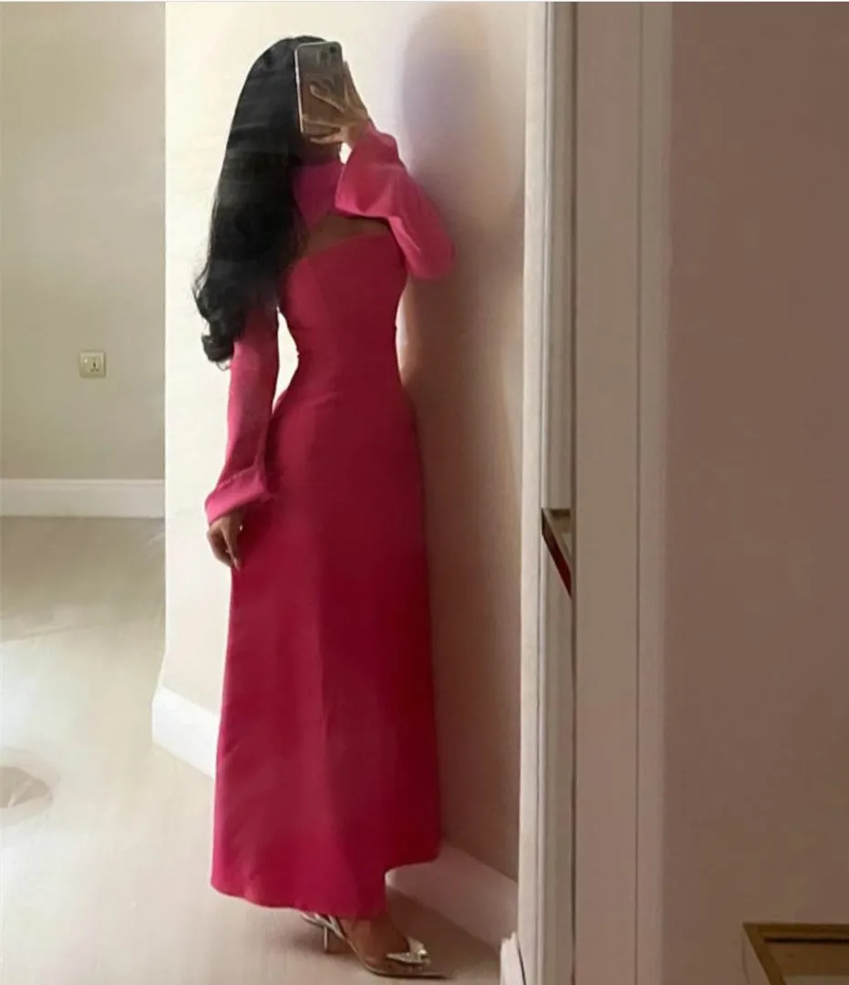 

Vintage Long Pink Crepe Evening Dresses Sheath Muslim High Neck Ankle Length Prom Formal Party Dress With Sleeves for Women