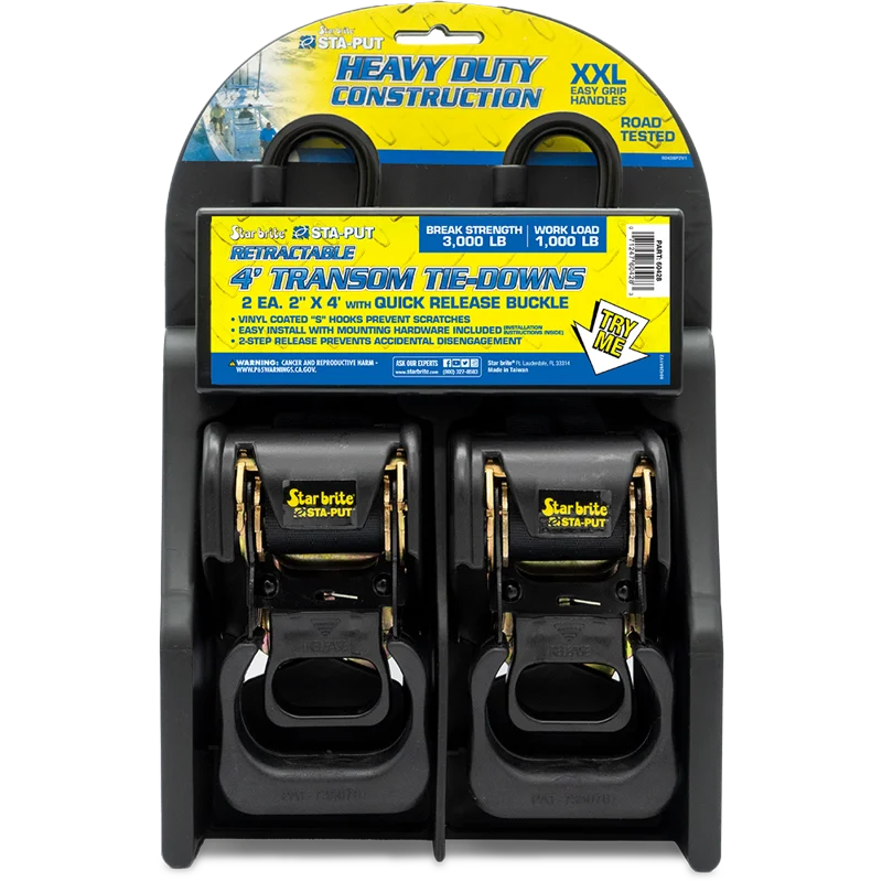 

Heavy-Duty Retractable Transom Tie Downs For Boat Trailers - 2in x 4ft - 2-Pack