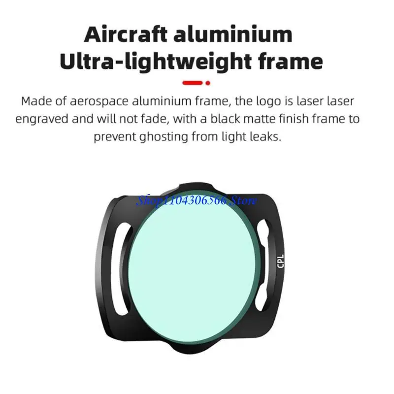 Vue rapprochée d'un filtre ND8 UV CPL pour DJI Mini 3 Pro, montrant la qualité optique premium et la monture fine.