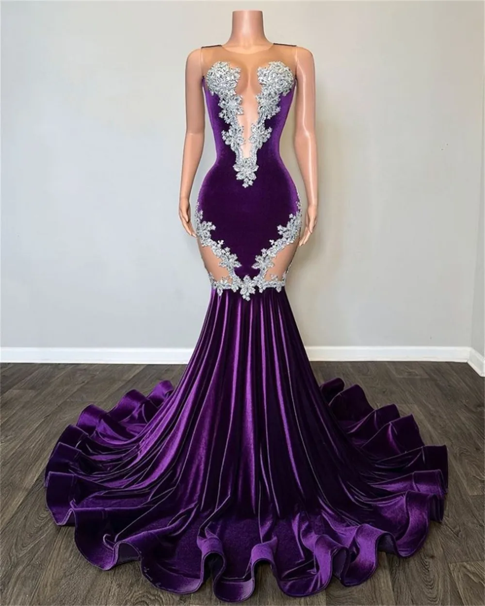 

Sexy Beaded Lace Appliques Purple Velvet Prom Dresses Black Girl Mermaid Dresses For Party Wedding Evening Gala Dress Elegant