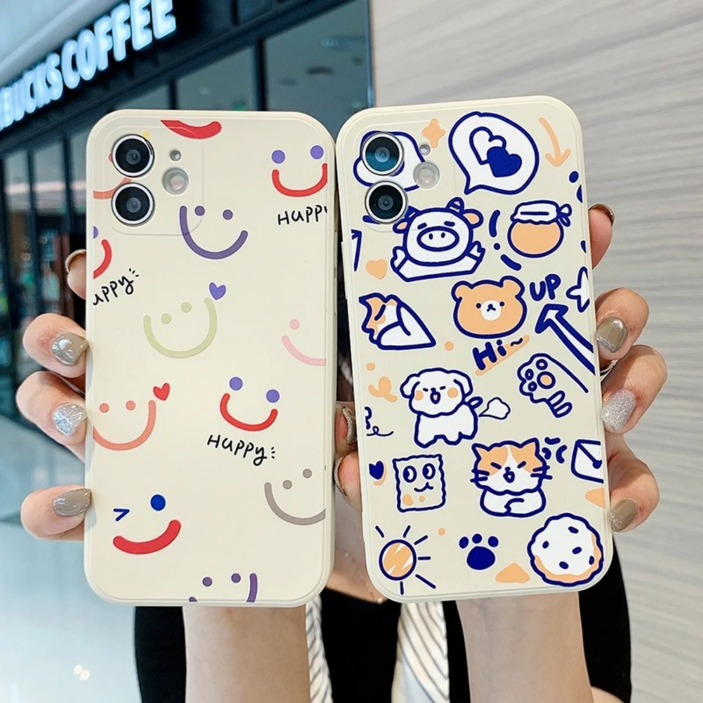 

Cute Cartoon Bear Smiley Girl Phone Case Free Shipping For iPhone13 12 11Pro MAX XS XR X 7 8 Plus Silicone Shockproof Soft Cover