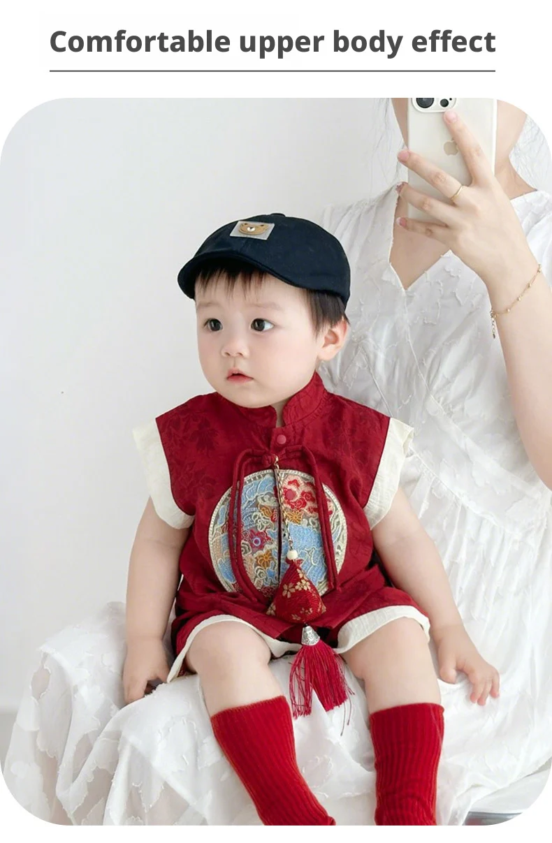 【Youqi】زي أطفال صيني للأطفال من عمر 0 إلى عامين، طقم صيفي شورت بأكمام قصيرة، زي احتفال مائة يوم على شكل قمر كامل أحمر، طقم مكون من قطعتين لعيد الميلاد الأول