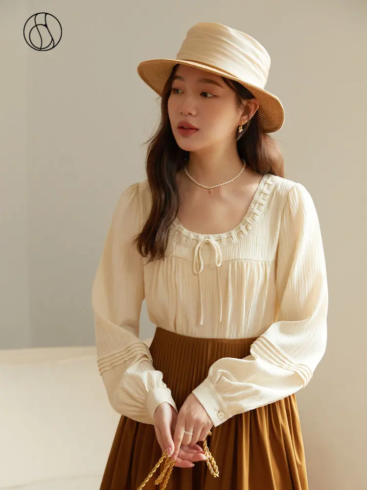 

DUSHU Office Lady High-Grade Pleated Elegant U-Neck Loose Casual Shirt For Women 2023 Early Spring Apricot New Top For Women