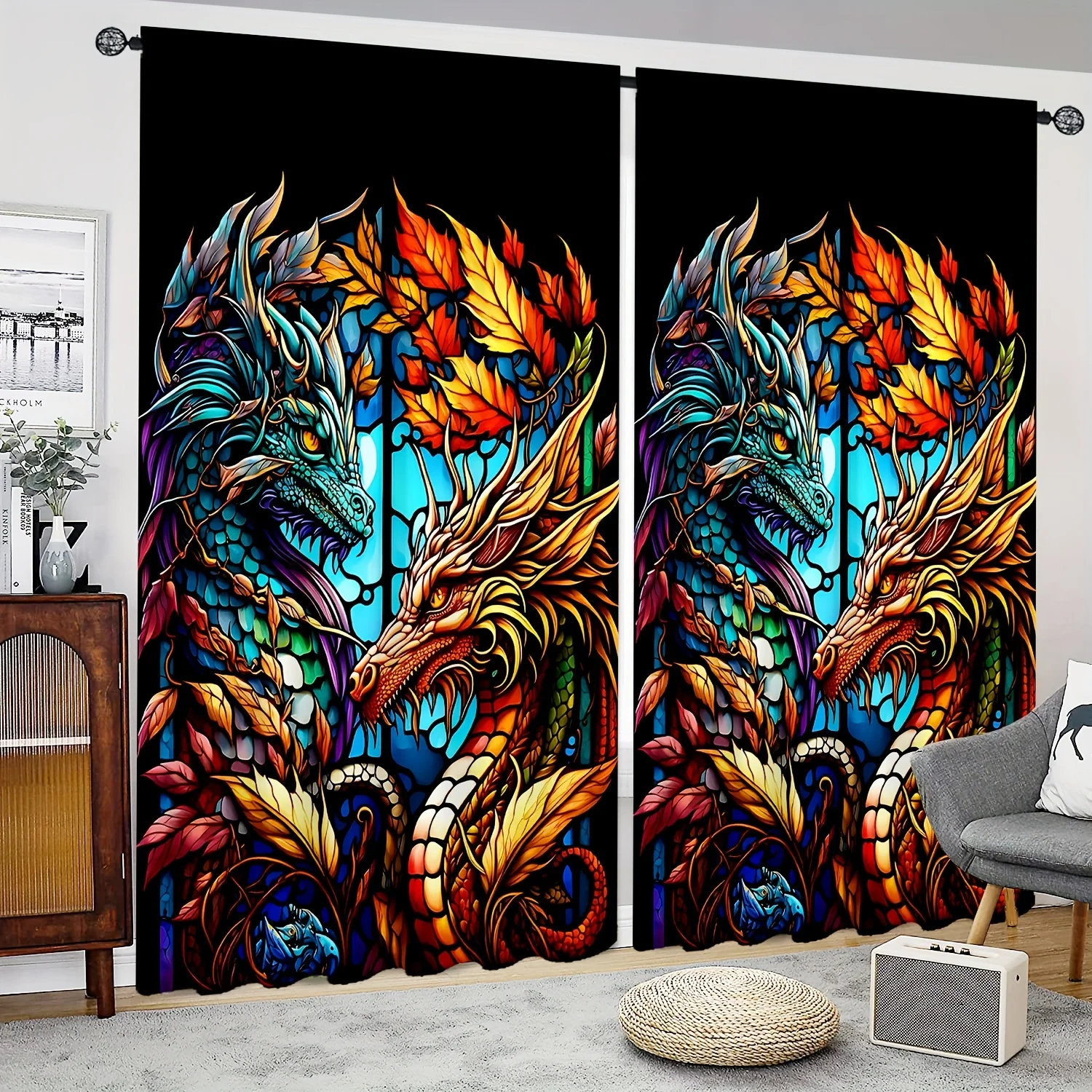 

2pcs Chinese Dragon Dazzling Wind Curtain Rod Pocket Curtain Perfect For Bedroom Office Kitchen Living Room Study & Home Decor