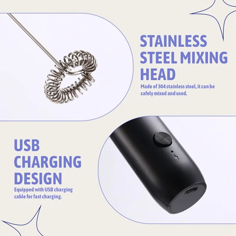 A15F-Handheld Electric Milk Frother USB Rechargeable Mini Foam Maker Drink Mixer Whisk Beater For Coffee Latte Matcha