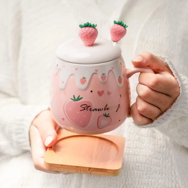 Korean-style Cute Pink Strawberry Mug With Spoon And Lid Large Capacity  Ceramic Cup Breakfast Cup Artistic Hipster Men And Women - Mugs - AliExpress