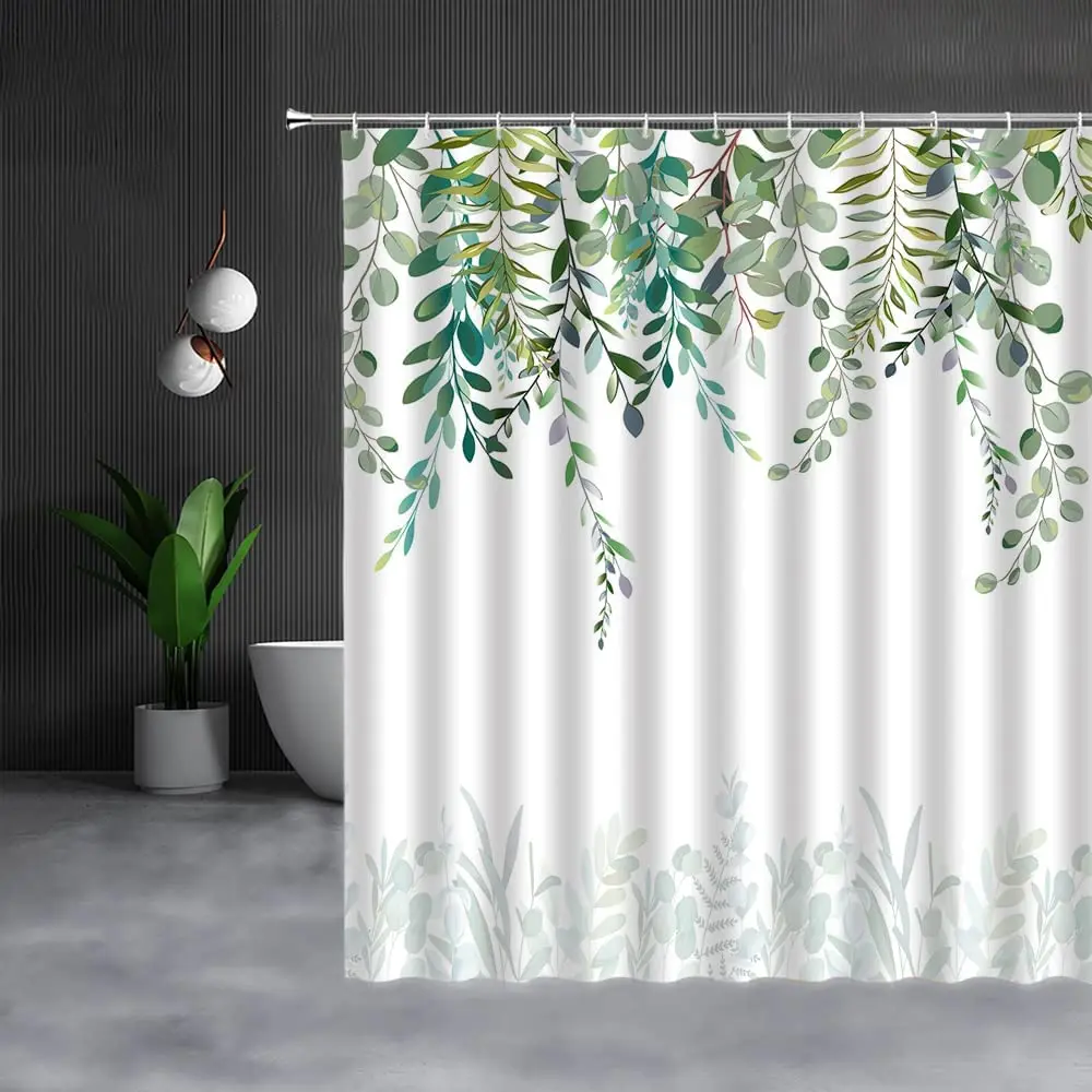 

Watercolor Plants Green Leaves Shower Curtain Spring Botanical Bouquet Floral Eucalyptus Natural Bathroom Curtain with Hooks