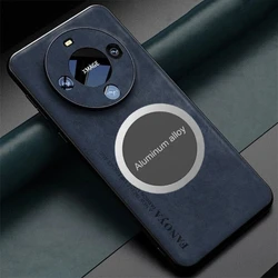 Luxury Leather Metal Magnetic Car Holder Shockproof Protective Case for Honor X6A (Blue Magnetic)