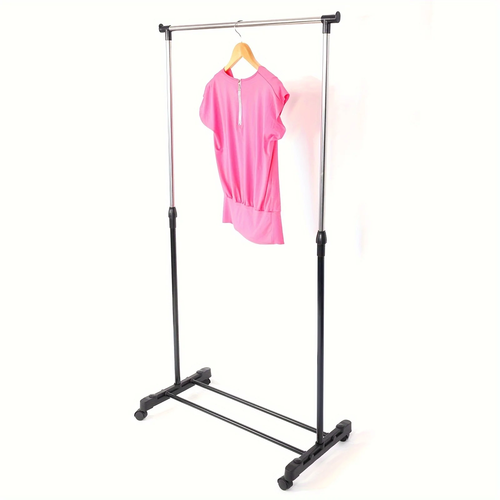 

1pc Adjustable Single Rod Clothing Garment Rack, With Shoe Shelf, Black Metal Extendable Clothes Organizer, For Drying And Stora