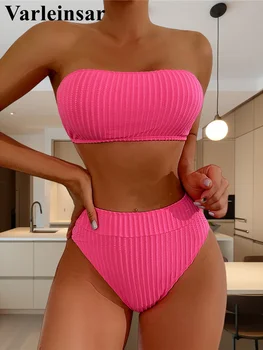 S - XL Bandeau Wrinkled Female Swimsuit High Waist Bikini Women Swimwear Two-pieces Bikini set Bather Bathing Suit Swim V5904