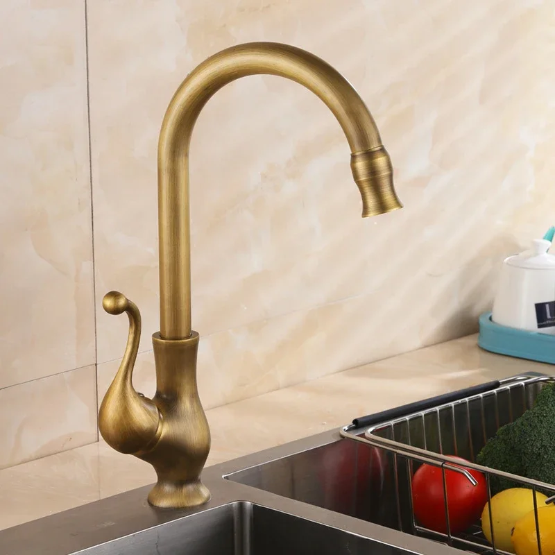 

Antique Bronze Brass Kitchen Faucet Retro Vessel Sink Tap Single Handle Swivel Spout Cold Hot Water Mixer Tap Crane Deck Mounted