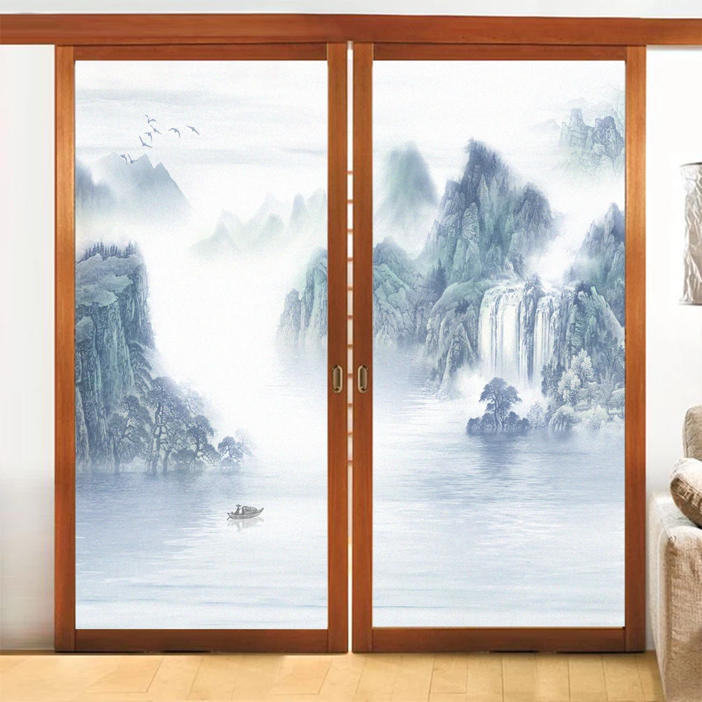 

PVC Window Privacy Glass Film Landscape painting Pattern Frosted Glass Door Tint Film Sun Blocking Glue-free Clings Window Film