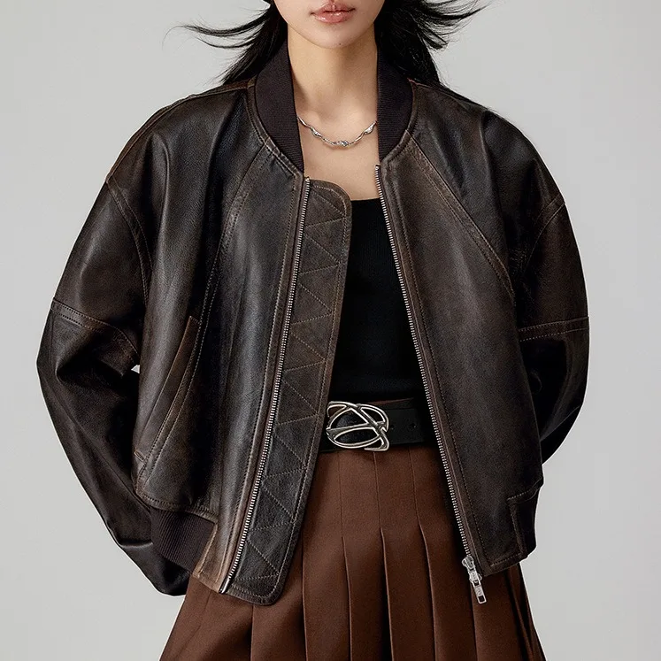 Veste de baseball rétro en cuir de mouton véritable, manteau tanné végétal, E15, nouveau, 2024