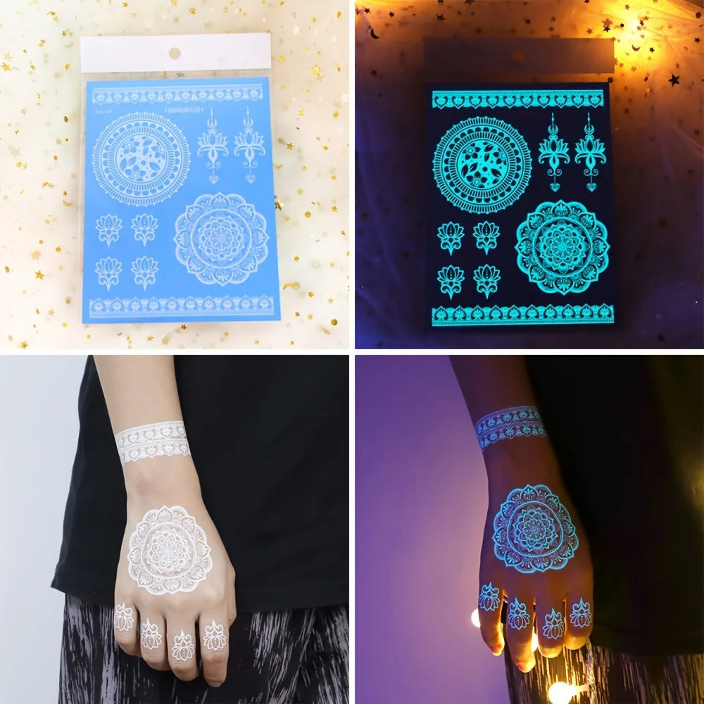 Blue Luminous Henna Tattoo Sticker Girls Tribal White Lace Lotus Tattoos Mandala Flower Fake Jewelry Pendant Temporary Tattoo 2