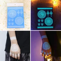 Blue Luminous Henna Tattoo Sticker Girls Tribal White Lace Lotus Tattoos Mandala Flower Fake Jewelry Pendant Temporary Tattoo 2