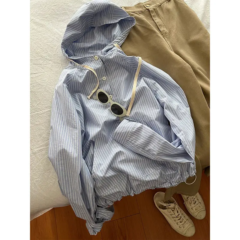 Korean Cotton Striped Shirt with White Lapel and Off Shoulder Design
