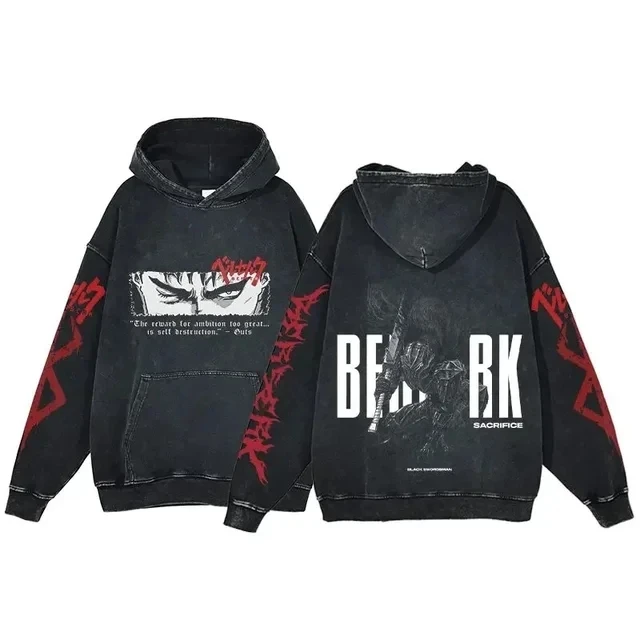 Berserk Vintage Washed Hoodie – Oversized 100% Cotton Anime Streetwear