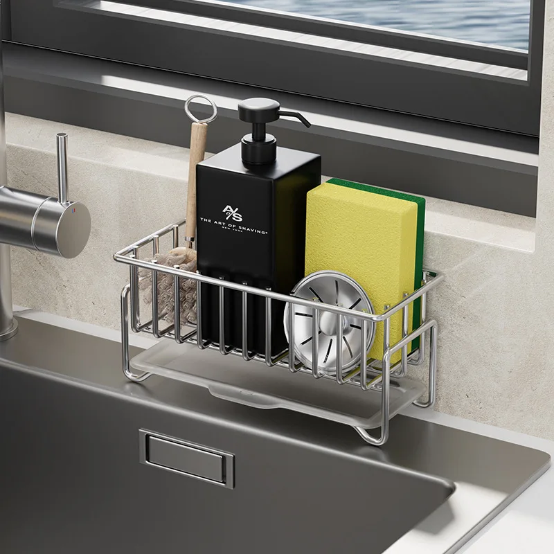 

Stainless Steel Sink Sponge Rack Hand Soap Storage Basket Drain Rack Kitchen Supplies Countertop Multifunctional Kitchen Gadgets