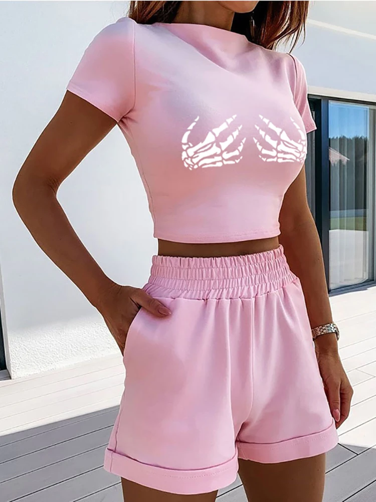 Casual Two Piece Set Women Print O Neck Tracksuit Outfits Summer Short Sleeve Crop Tops And Elastic Waist Shorts Suit Sportswear white short suit set Suits & Blazers