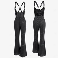 ROSEGAL Gothic Striped Printed Women's Jumpsuits Black O-Ring Crisscross Strappy Buckle Grommet Button Backless Pants Jumpsuit