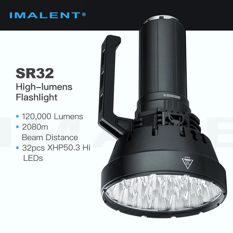 

Imalent SR32 Ultra Bright Flashlight/Searching Light, 120,000 Lumens 2,080m Beam Distance, 32pcs XHP50.3 Hi LEDs, 8x21700