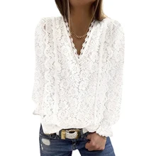 

Women Sexy Lace Hollow Out Blouse Long Sleeve Deep V Neck Tops Spring Fashion Elegant Fall Trending Office Lady Shirt And Blouse