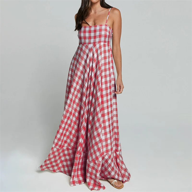 Summer Long Dresses Women Plaid Print Spaghetti Strap Sleeveless A Line Dresss Vacation Party Dresses Beachwear