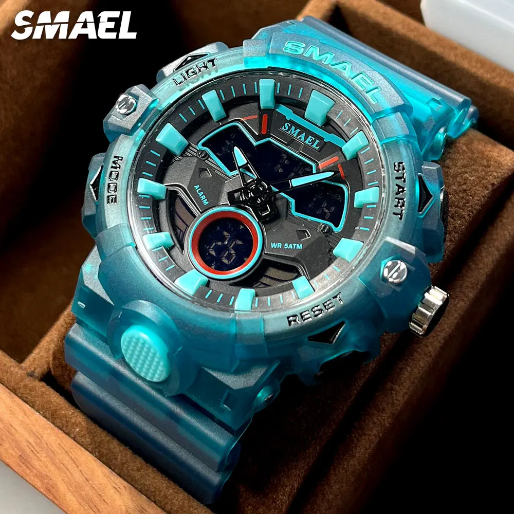 SMAEL Digital Watch for Men Double Mode Display Quartz Chronograph Wristwatch with Auto Date Week Date Clear Blue Silicone Strap smael 1610 multifunctional shock resistant sport watch for men women fashionable unisex wrist watch with 50m waterproof luminous alarm stopwatch week date display