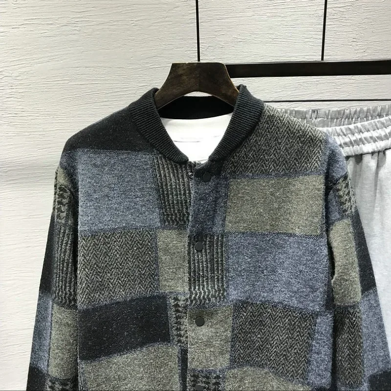 Man Collared Plaid Coat Knitted Sweaters Jacket Cardigan Thick Winter S Japanese Harajuku Fashion Over Fit knitted cardigan knitted sweater coat sweater coats