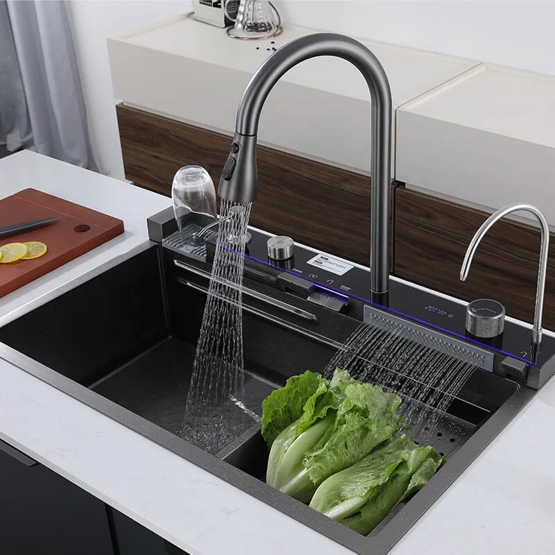 

Modern Stainless Steel Smart Nano Handmade Kitchen Sink with Multifunction Waterfall Faucet