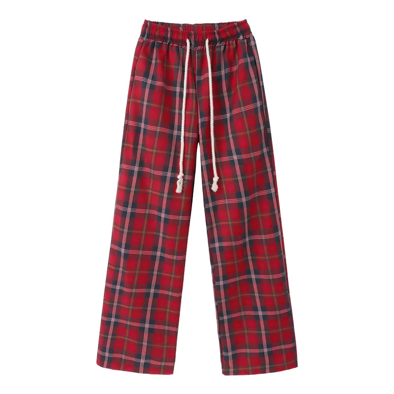 Korean Fashion Red Plaid Pants Women Y2K Vintage Green Oversized Wide Leg Checkered Trousers Harajuku Jogging Sweatpants 23ss broken planet space trails hoodie green jogging pants 1 1 top quality foam print sportswear set eu size xs xl