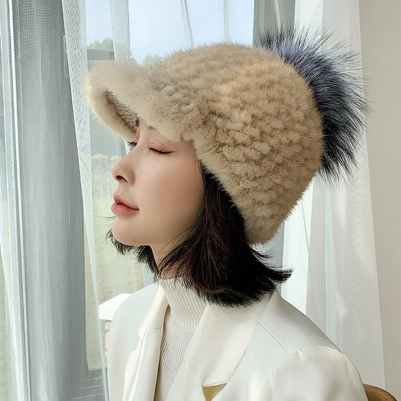 

Mink Woven Hat Real Fox Hair Needle Woven Duck Tongue Hat Fur Ear Protection Warm Fur Hat Europe and America