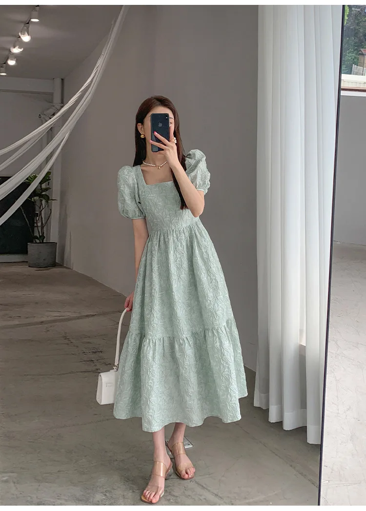 

Vintage Green Dress Women French Elegant Square Collar Puff Sleeve Flower Printed Backless Midi Dress Ladies Retro Chic Korean