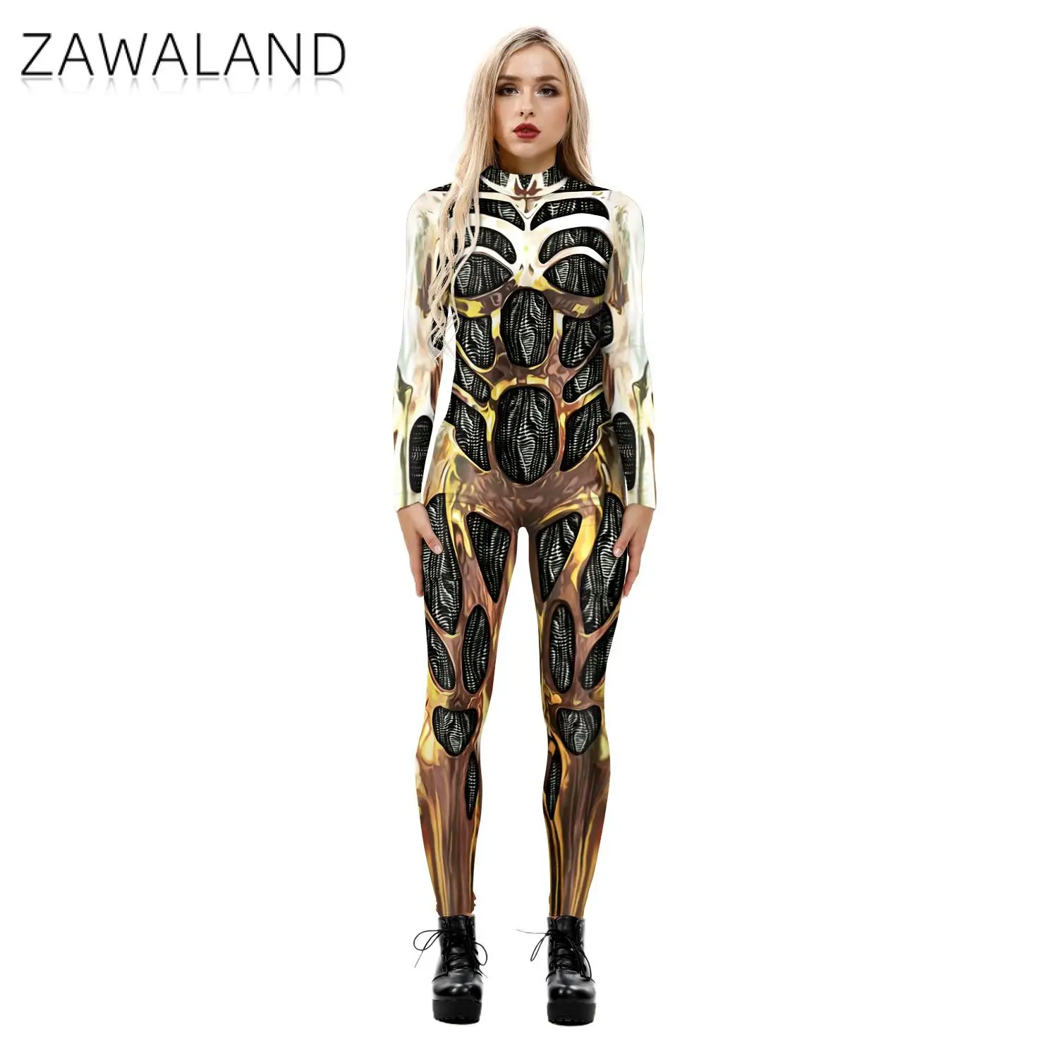 Zawaland Halloween Cyberpunk Steampunk Robot Machine 3D Printed Cosplay Costumes Punk Jumpsuit Zentai Women Bodysuit Fancy Dress cosplay costume
