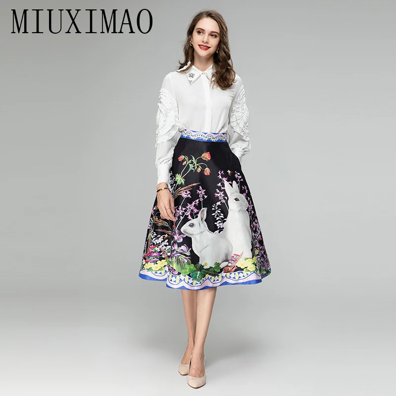 

MIUXIMAO 2023 High Quality Spring&Summer Elegant Set Long Sleeve Lapel Print Shirt+Skirt Fashion Two-piece Set Women Vestide