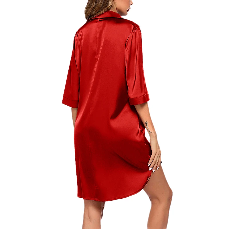 Women Sleeping Shirt Solid Color Half Sleeve Single Breasted Smooth V Neck Loose Nightshirt for Home Wear Satin Silk Sleepwear 6
