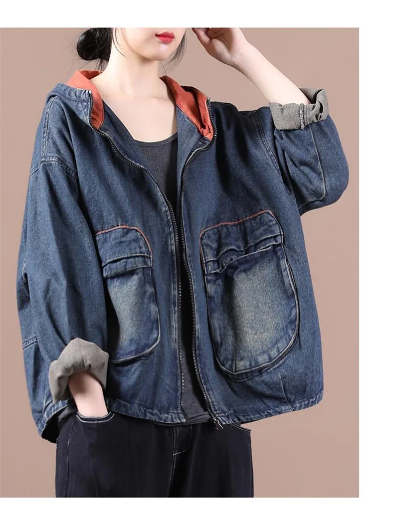 Spring Autumn Women's Wear New Loose Art Hooded Denim Outwear Short Coat Women's Fashion INS Spring Top Women Long Sleeve Coat